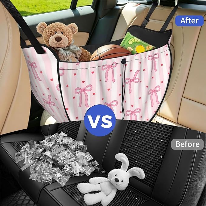 Pink Bow Heart Stripe Car Seat Organizer Backseat Storage Bag, Large Waterproof Vehicle Organizer With Adjustable Straps For Gear Essentials, Fits Most Cars
