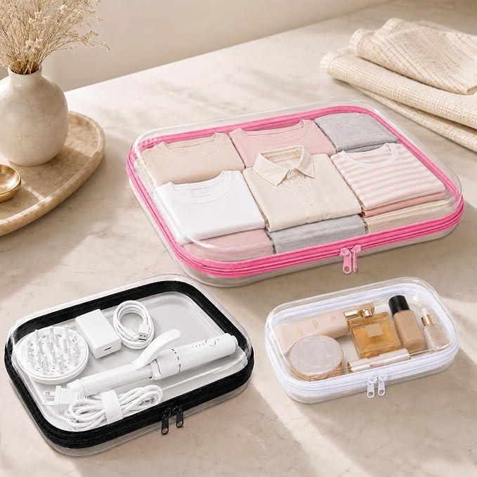 3 Pack Clear Hard Shell Zipper Case (1XL + 1L + 1M, Black) | Travel Toiletry Bag, Waterproof 1.2mm PET Hard Plastic Pouches, Organizer Box for Makeup, Toy, Snack, Stationery, Diaper