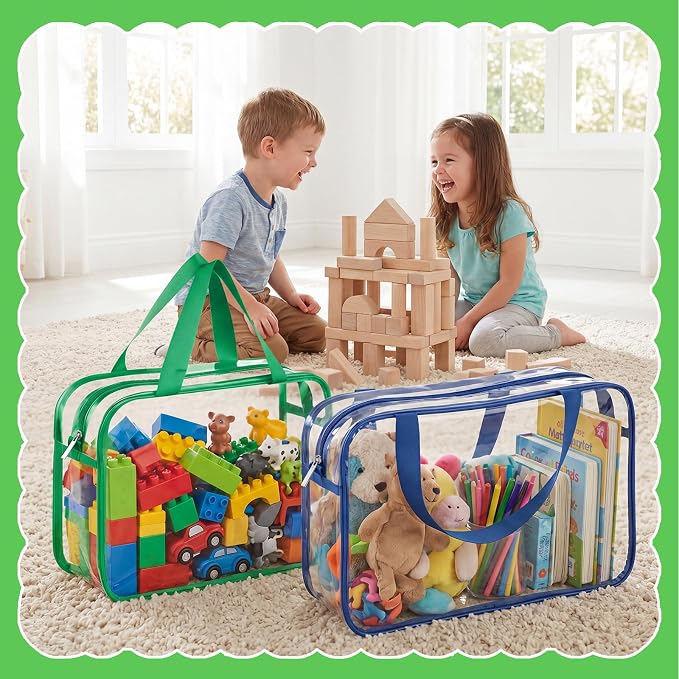 Toy Storage Bags 4 Pack, Clear PVC Toy Organizers, Colorful | Waterproof PVC, Large 30 x 10 x 22 CM Size, Label-Ready, For Toys, Books, Puzzles, Classroom and Travel