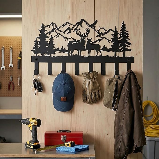Deer Metal Key Holder for Wall, 14.5" X 8.9", Key Hooks for Wall Organizer, Key Rack, Forest Theme Coat Hat Towel Hooks, Ideal for Living Roo