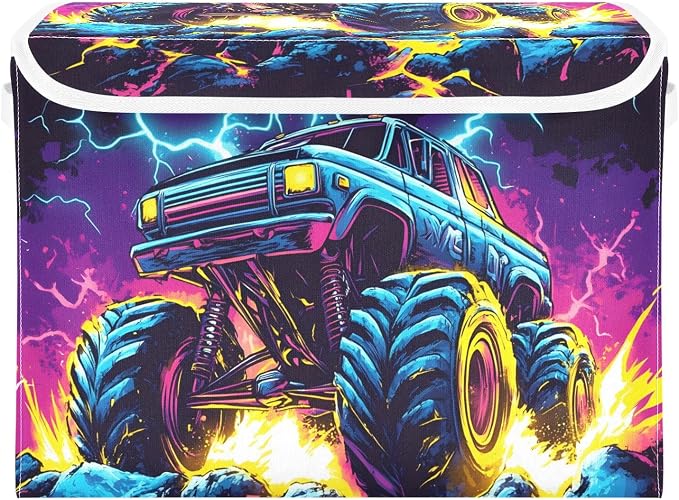 Storage Bins with Lid Monster Truck Foldable Storage Boxes 40L Baskets | Decorative Storage Boxes, 300D Oxford Cloth, Hollow Board Frame, Flip Top Velcro Lid, 16.5x12.6x11.8 inch, Collapsible Design
