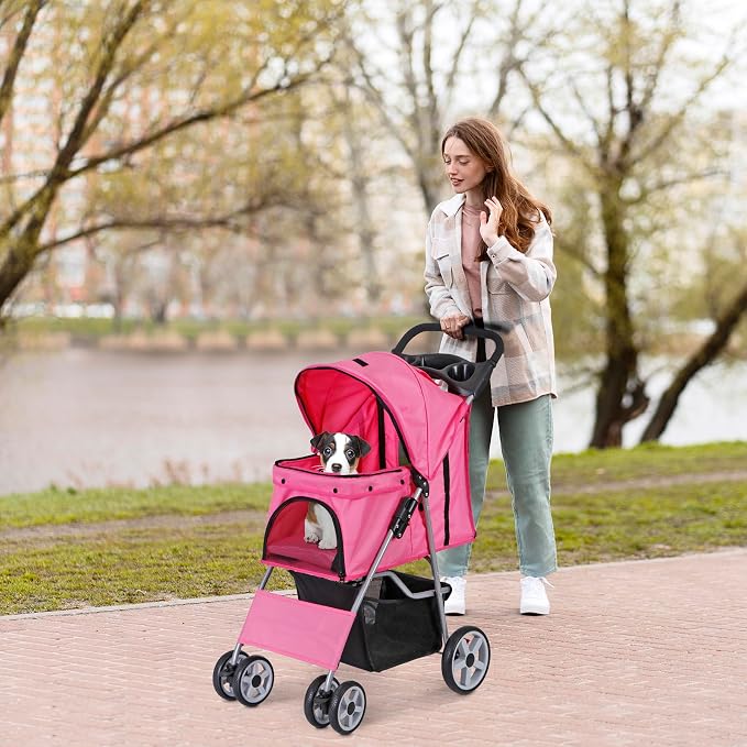 4 Wheels Dog Stroller Folding Pet Strolling Cart for Small Medium Cats Puppies Portable Jogger Travel Camping Puppy Carrier with Storage Basket Cup Holder, Pink