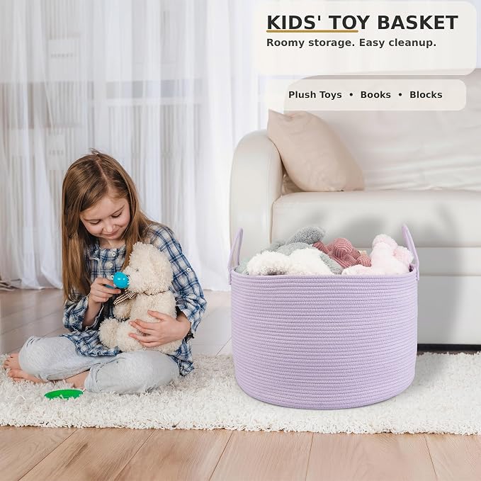 XUANGUO 66L Large Blanket Basket, Round Cotton Rope Basket, Purple | 20" x 13" Laundry Basket with Sturdy Handles for Blankets, Pillows and Toys; Storage for Living Room, Bedroom and Nursery