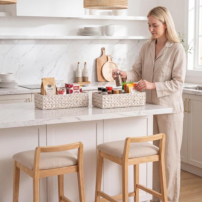 StorageWorks Small Toilet Paper Basket for Back of Toilet Basket, White | Wicker Baskets for Bathroom Decor, Decorative Water Hyacinth Bathroom Basket Organizer and Storage for Tank Topper, 2 Pack