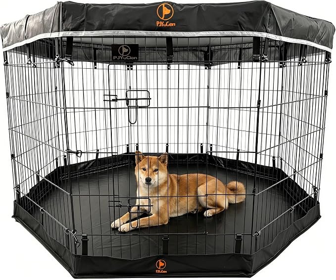 PJYuCien Puppy Playpen with Top Cover & Bottom Pad, 8 Panels 36" H, Black | 24"W, Medium Pet Safe Sanctuary, Foldable Octagonal Pen, Versatile, Indoor & Outdoor, Backyard Pasture, Protects Floors