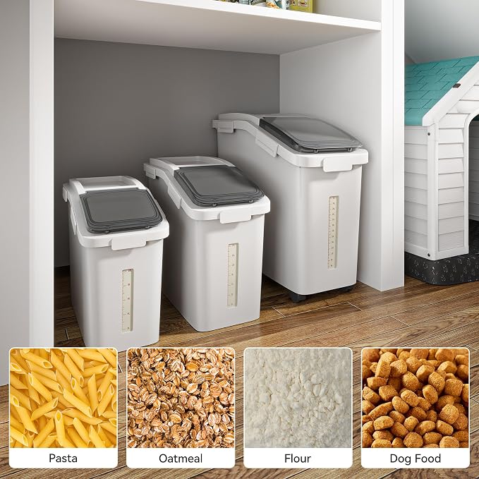 YITAHOME Ingredient Storage Bin, 20.6 Gal(11.4+5.8+3.4 Gal) Commercial Rice Flour Storage Container 500 Cups Storage Bins with Wheels Shelf-storage Bin with Scoop and Lid, Rice Bin for Kitchen, White