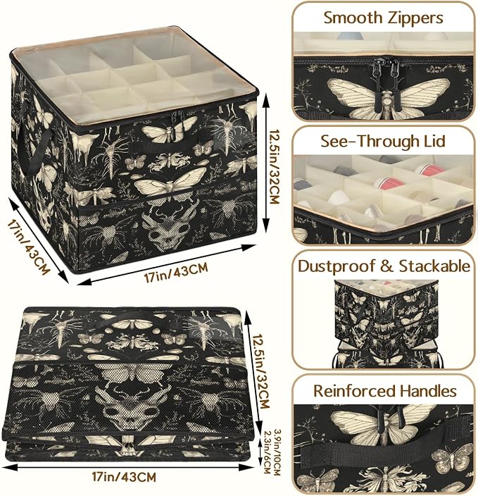 TropicalLife Gothic Skull Moth Butterfly Shoe Organizer for Closet | Foldable Shoe Storage Organizer Box Bin with Adjustable Dividers and Clear Cover, Fits up to 16-32 Pairs