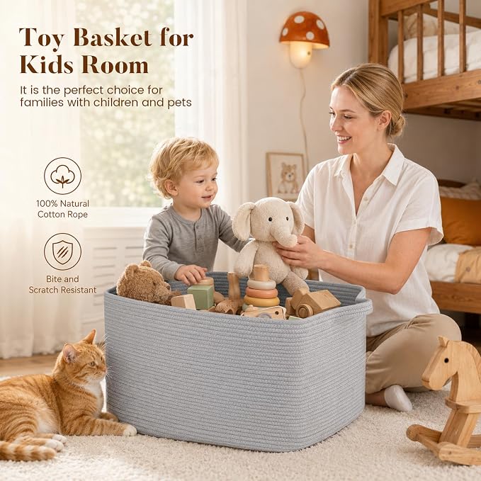 65L Large Woven Blanket Basket for Living Room, 19.7"x15.7"x11.8" | Nursery Laundry Hamper with Handle for Organizing Blankets, Pillows, Toy Storage With Handle, Large Baskets for Organizing