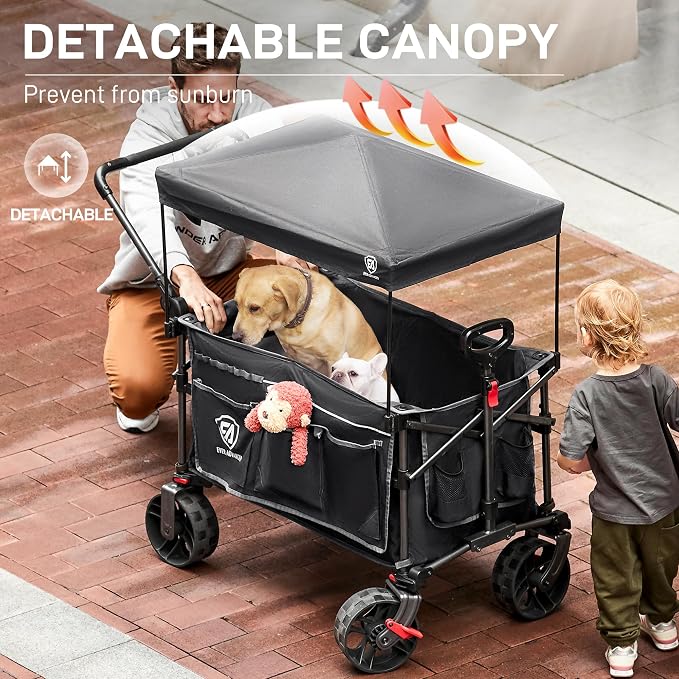 EVER ADVANCED Folding Push Wagon with Canopy, Shopping Cart with Brakes | Portable Collapsible Wagon Cart with All-Terrain Big Wheels for Camping, Beach, Sports