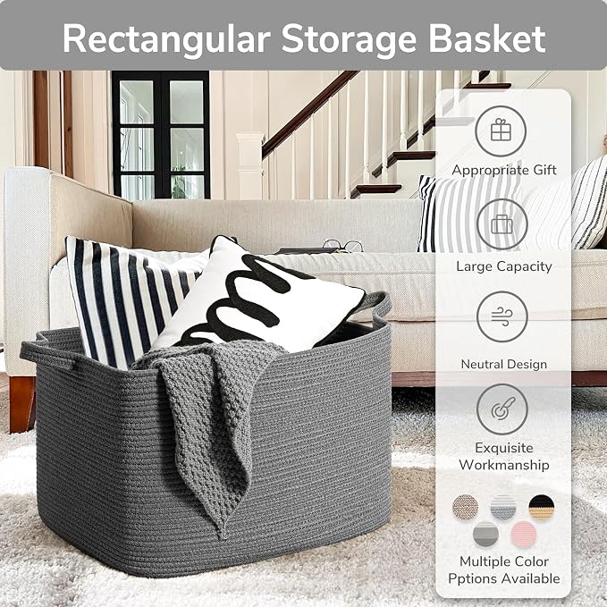 Goodpick 85L Large Woven Rope Blanket Basket, Rectangle, Dark Gray | 23.6'' x 15.7'' x 13.8'' Storage Basket for Blankets, Clothes, Toys & Pillows, Living Room, Bedroom & Nursery Organization