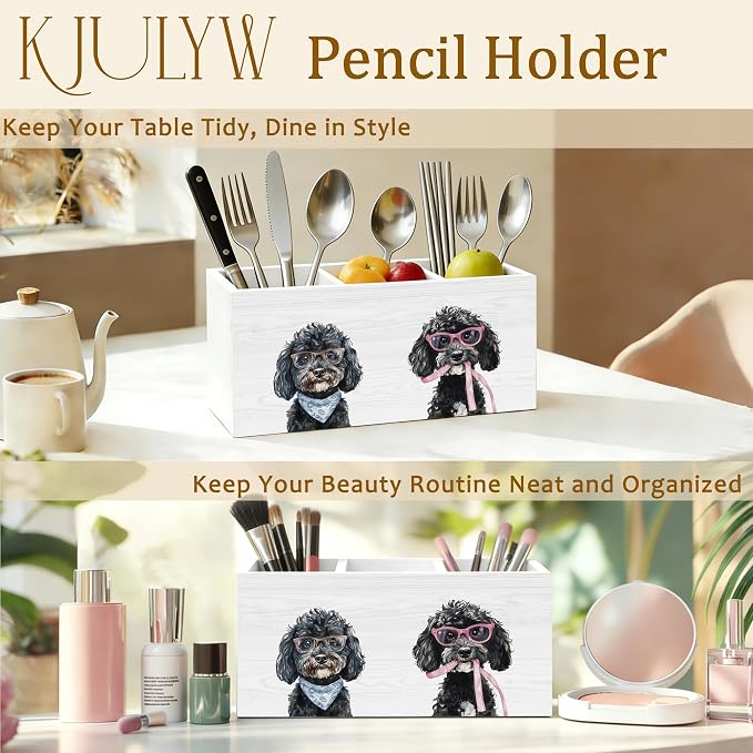 Black Poodle Pen Holder for Desk, Poodle Gifts for Women Men, Dog Lover Gifts Wooden Box Pencil Pen Holder Organizer for Home Office Desk Accessories