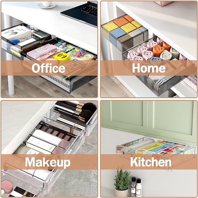 SVNNELP Under Desk Table Drawer Storage Organizer,2 Pack Large & Medium Slide Out Desk Drawers - Hidden Desktop Organizer,Attachable Pencil Storage Tray Under Table(ML)