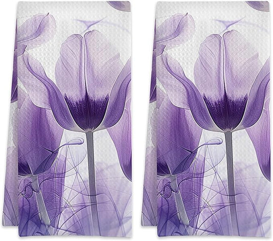 Purple Tulips Butterfly Floral Hand Towels,Set of 2 Absorbent Bath Towel Kitchen Dish Towel Home Gym Hotel Bathroom Decor,16x24 Inches