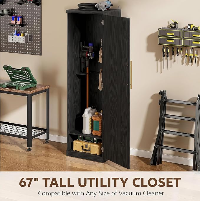 Broom Closet Storage Cabinet, 65" H Slim Utility Closet Black | with Door and Shelf, Tall Vacuum Storage Cabinet with Hooks for Cleaning Tool, Broom Closet Organizer for Bathroom, Garage