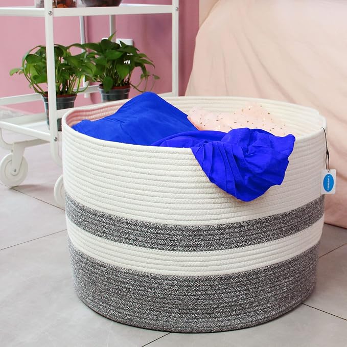 Casaphoria XXXLarge Cotton Rope Basket for Living Room - Woven Storage Basket with Handle for Blankets, Towels and Pillows Laundry Hamper | White and Grey (22" x 22" x 14")