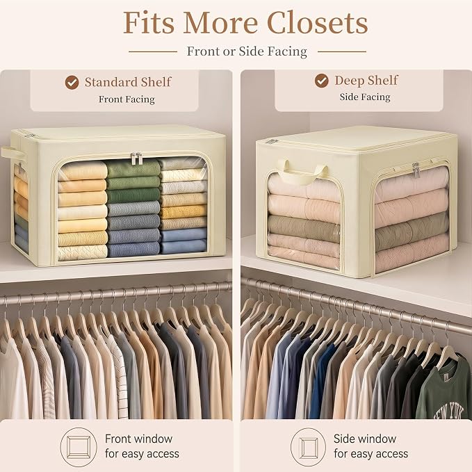 GoMaihe Clothes Storage Bins with Metal Frame for Blanket 3 Pack 66L Beige | Closet Top Shelf Linen Closet, Winter Clothing Bedding Comforters, 3 Side Access Stackable Collapse-Proof See Through Window