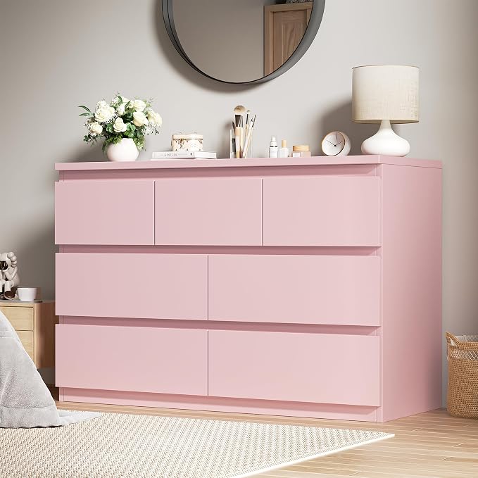 Pink 7 Drawer Dresser for Bedroom,Modern Wood Chest of Drawers,Closet Clothes Storage Organizer with Deep Drawers for Living Room Hallway Entryway,Nursery (15.3" D x 47.2" W x 32.3" H)