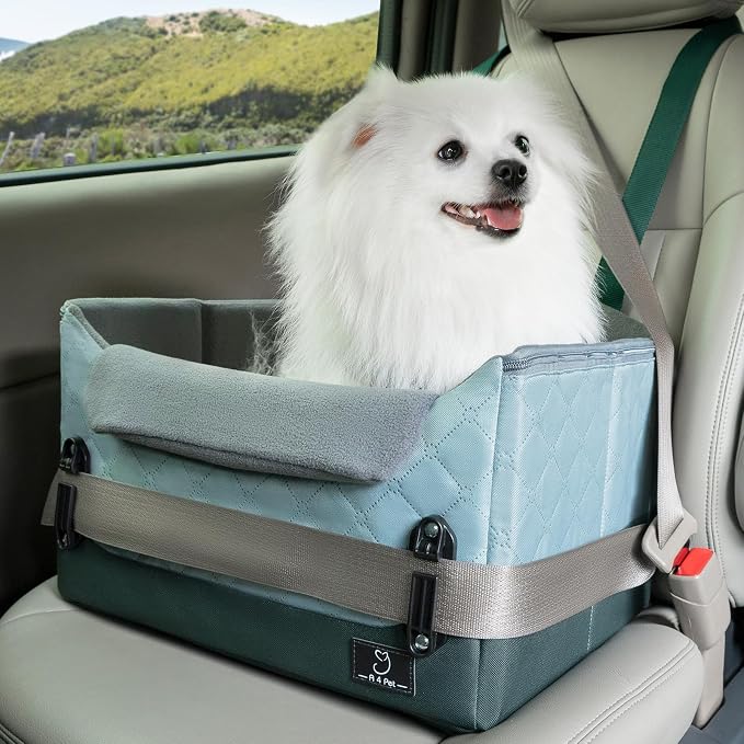 A 4 Pet Dog Car Seats for Small Dogs, Under 25 lbs, Patent Buckles | Adjustable leash, frame support, reduces anxiety, for cars/SUV/pickup