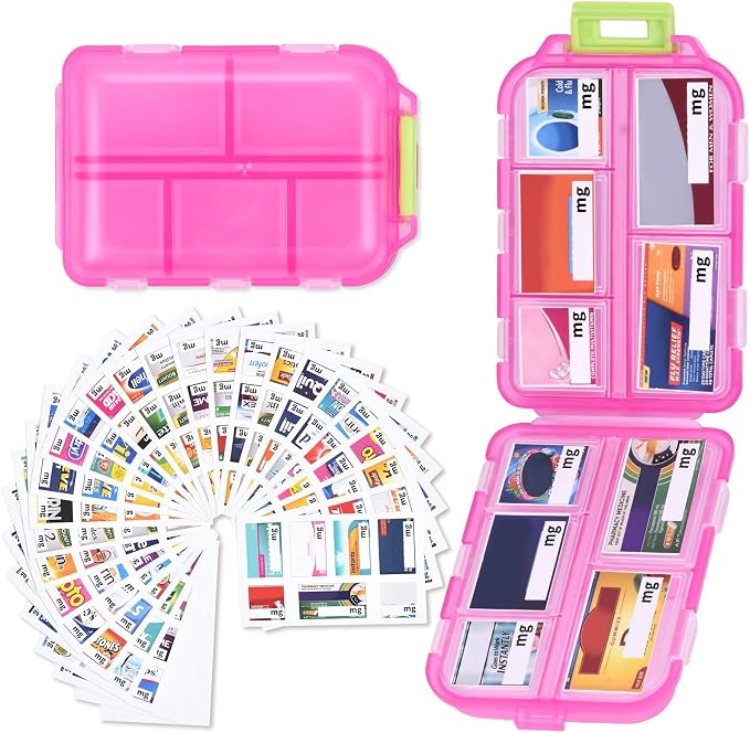 Large Travel Pill Box with 189 Medicine Labels, 10 Compartments Travel Medicine Organizer Medicine Pill Organizer Travel Essentials Pill Organizer with Stickers (Pink, 1 Pack)