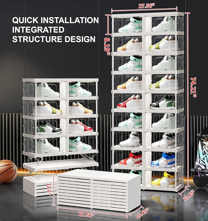 CIMLORD 9-Tier Foldable Shoe Rack Organizer, Magnetic Doors,18 Pairs,White | Collapsible Plastic Shoe Cabinet, 4-Sided Clear Doors, Stackable, Fits High Shoes&Sneakers, Easy Assembly, Closet, Cloakroom