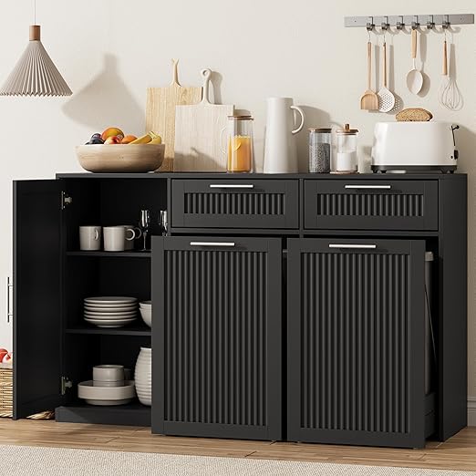 2 X 13 Gallons Double Pull Out Trash Can Cabinet with Storage, Black | 54"W Fluted Kitchen Trash Cabinet with Adjustable Shelf & Drawers, Hidden Pet Proof Trash Can Holder for Laundry Living Room