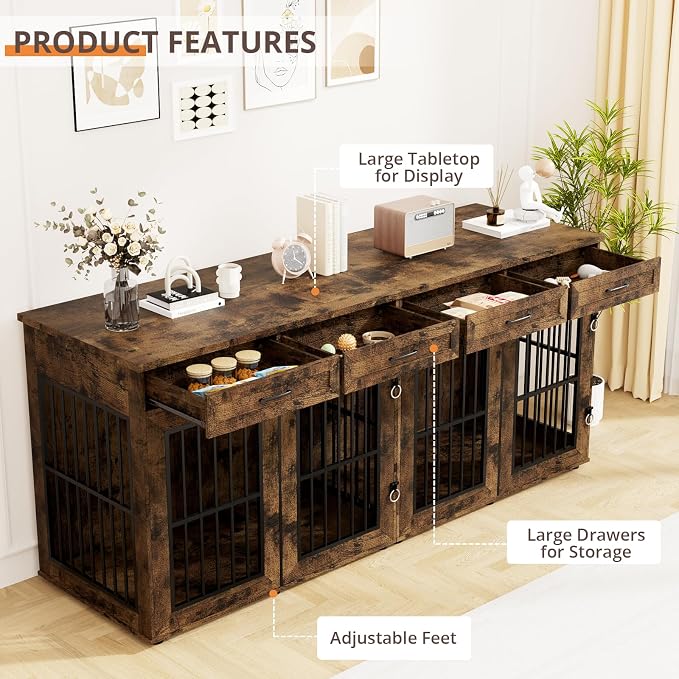 VOWNER 87" Dog Crate Furniture for 2 Dogs, Double Dog Cage Furniture, Brown | Extra Large Wooden Dog Kennel with 4 Drawer, Removable Divider, Furniture-Style TV Stand, XXL Dog Crate for Large Medium Dogs