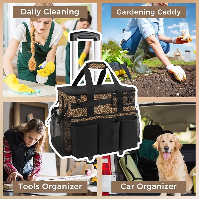 SCAVATA Rolling Cleaning Caddy Bag with Detachable Trolley & Wheels | Large Cleaning Supply Organizer, Portable Multi-Pocket Cleaning Cart for Housekeeper, Adjustable Shoulder Strap, Leopard