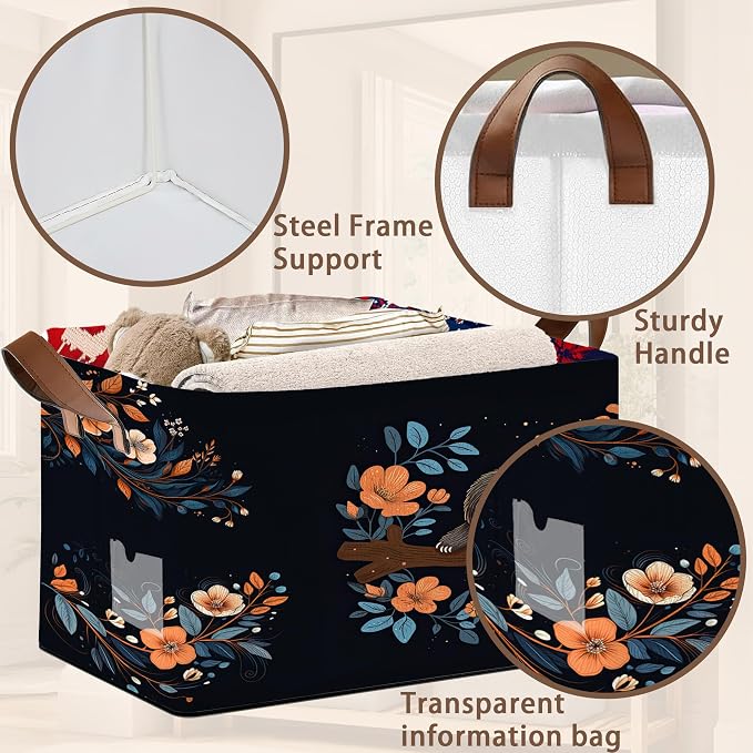 Sloth Flower Pattern Collapsible Box - 17x11.5x10.5 Inch Foldable Storage for Home Decor, Kids Room,Nursery, Closet - Space-Saving Single Pack