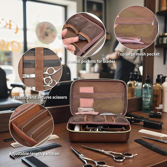 Barber Case for Hair Clippers, for Wahl, for Ufree and for Andis, Case Only | Trimmer Tools Storage Organizer, Easy-Clean PU Interior, for Barbers/Stylists/Pet Groomers, Travel/Home/Salon Use, Brown