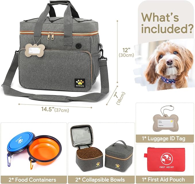 Dog Travel Bag for Traveling| Week Away/Overnight Dog Travel Accessories with Multi-Function Pockets| Travel Set for Dogs and Cats|Ideal Pet Diaper Bag and Pet Gift Kit(Grey)