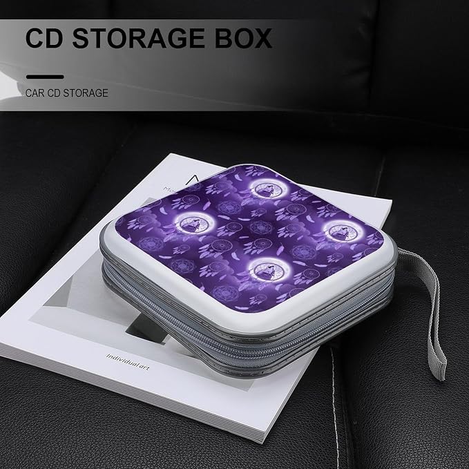Protective 40-Disc CD/DVD Wallet Native Dream Catcher American Wolves Purple, Hard Plastic Storage Binder with Handle, Portable Organizer for Car Office Travel
