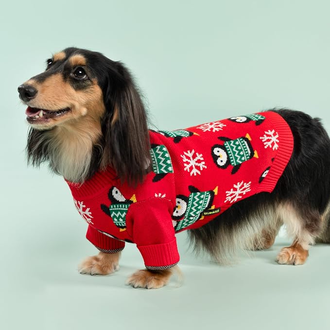 Fitwarm Funny Penguins Dog Ugly Christmas Sweater, Winter Dog Clothes for Small Dogs Girl Boy, Pet Xmas Outfit, Green, Red, White, Large