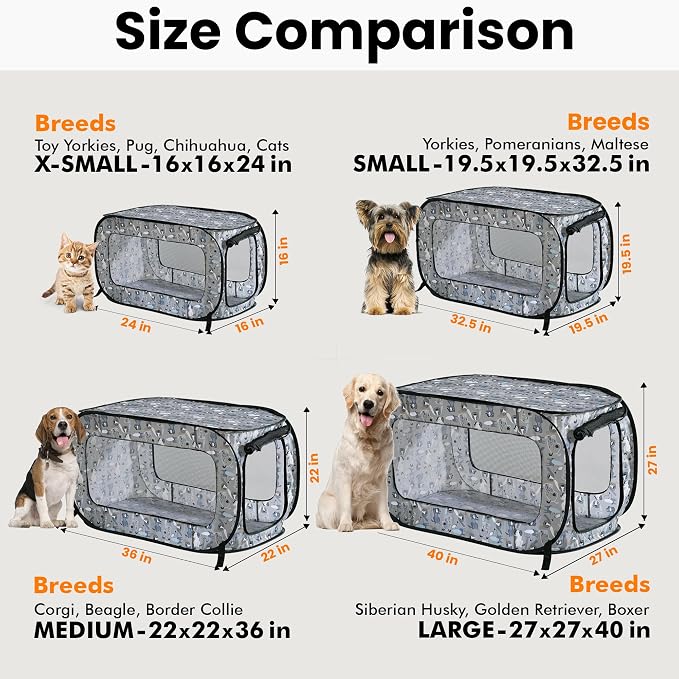 Portable Collapsible Pop Up Kennel, 24" L x 16.6" W x 16" H, Tail Waggers | Collapsible indoor/outdoor travel cat and dog crate with mesh screen windows pops up and folds flat for easy storage