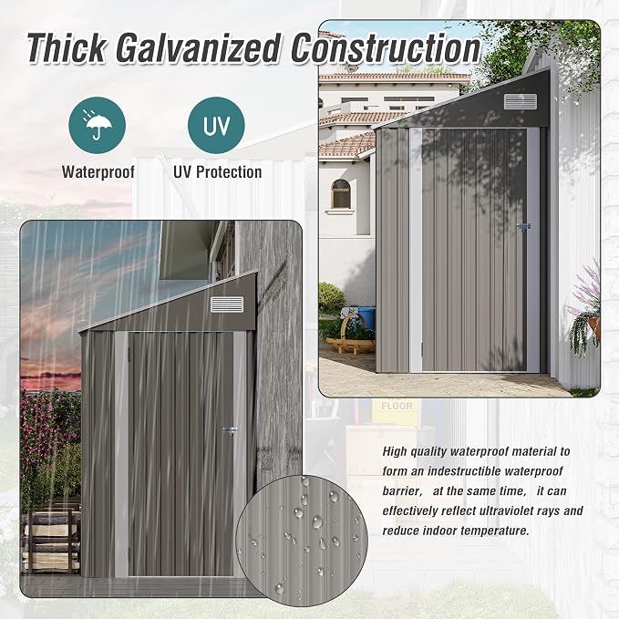 4x8FT Metal Storage Shed, Sloping Roof, Single Hinge Door,Dark Gray | Outdoor Tool Shed | Ventilation Windows | Waterproof | Protective Film | for Patio, Lawn and Utility Equipment