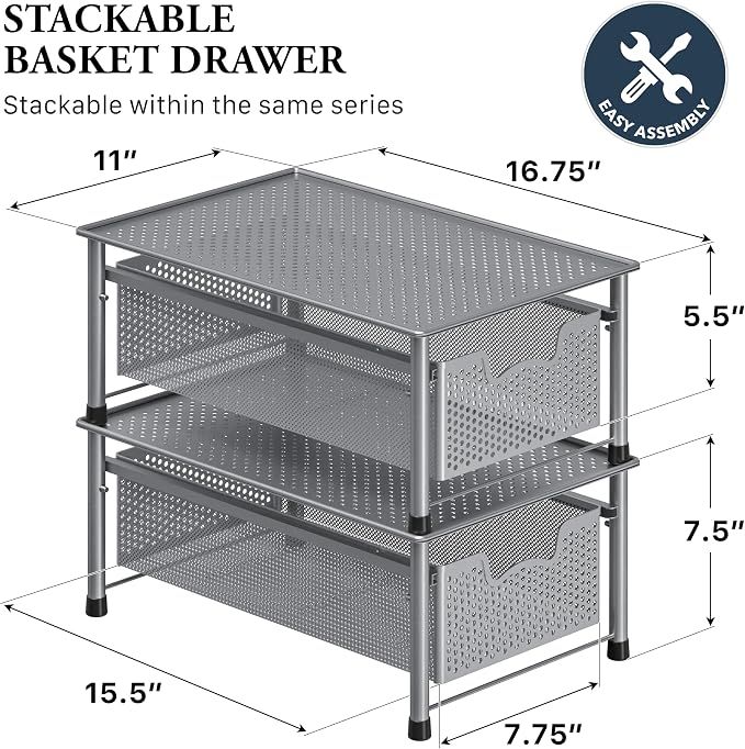 Simple Houseware Stackable Cabinet Basket Drawer Organizer, Silver
