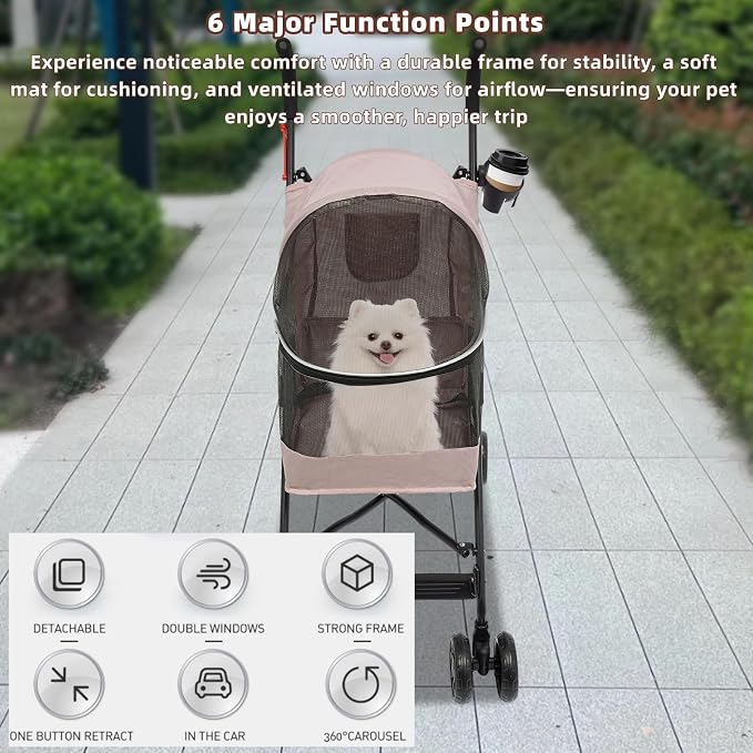 Pet Stroller for Small Medium Dogs Up to 22lbs, 4 Wheels Folding Pet Carriage Cart for Dogs Cats, Portable Cat Puppy Jogging Stroller with Rear Pocket and Cup Holder (Pink)