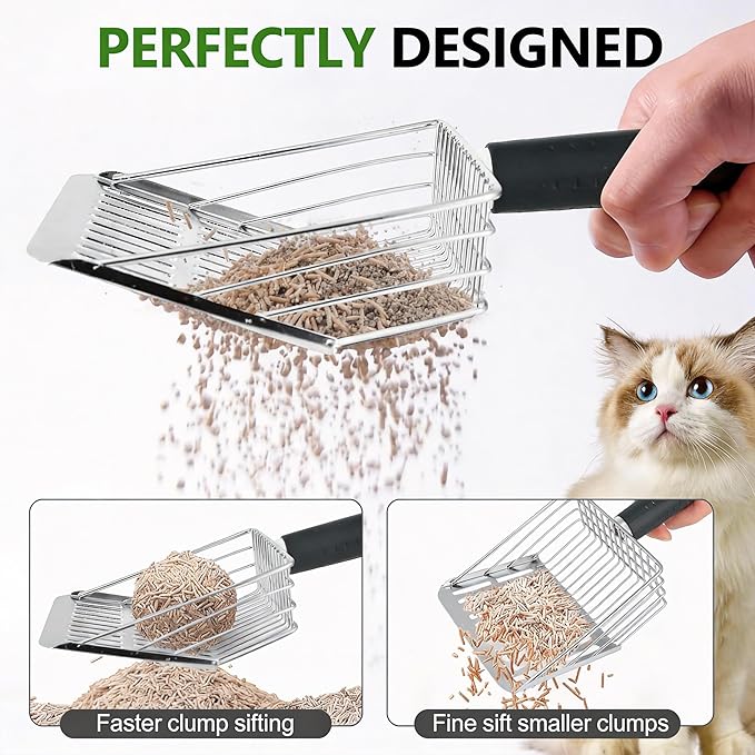 [2026 Version]18/8 Stainless Steel Cat Litter Scoop-Efficient Metal Cat Litter Scooper with Holder, Heavy Duty Litter Sifter, Pooper Scooper Kitty Litter Box-Cat Scooper for Litter Box Cleaning