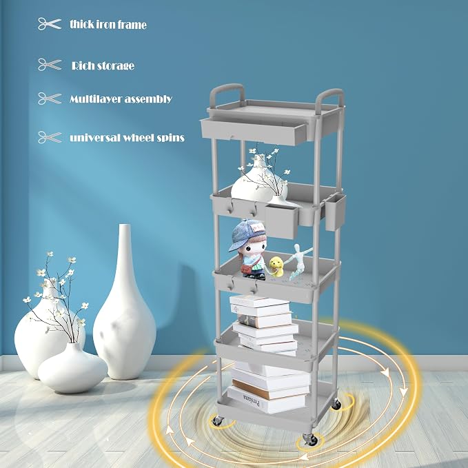 5 Tier Rolling Utility Cart with Drawer,REBECAT Utility Cart Made of Multifunctional Storage Organizer Tool for Kitchen,Bathroom,Living Room,Office(Gray)