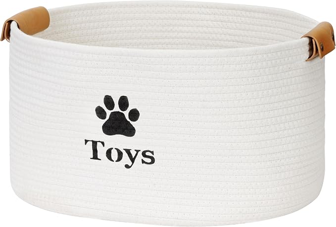 Dog Toy Basket Large, Quality Cotton Rope Dog Toy Bin (18x13x10’’) | Cute Paw Print Large Basket for Dog Toys, Portable Toy Storage Organizer with Handles for Pet Supplies, Toys & Accessories