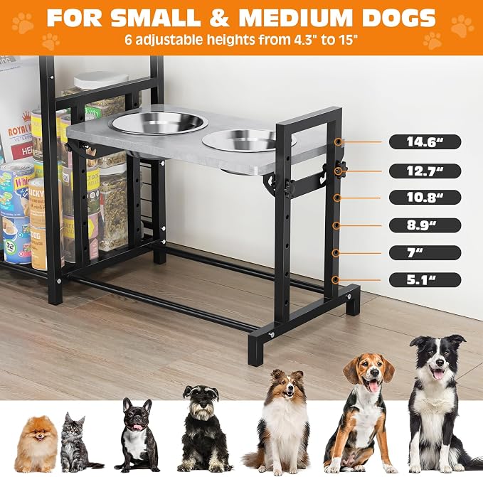 Elevated Dog Bowl Stand with Removable Toy Bin Basket, 6 Height Adjustable Raised Dog Stand, Pet Feeding Station Cabinet with Storage Organizer for Large Medium Small Breed