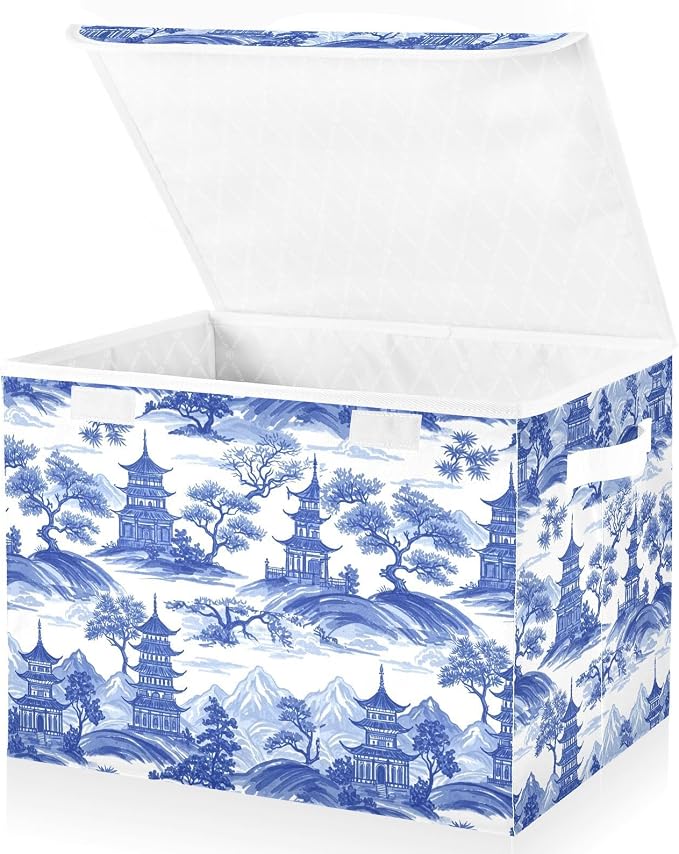 Blue Toile Fabric Storage Bins with Lid Foldable Storage Boxes 40L Baskets | Decorative Storage Boxes, Foldable & Stackable, Dust-Proof Flip Top, Reinforced Handles, For Home & Dorm, Clothes & Toy Box