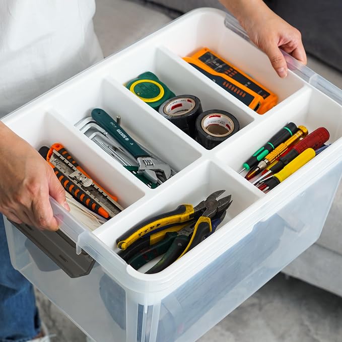 Citylife 32QT 4Packs Clear Craft Organizers and Storage Box with Tray | Stackable Art Supply Organizer Storage Bins with Lids for Beads, Markers, Sewing, Tools, Clothes, Files, Office Supplies