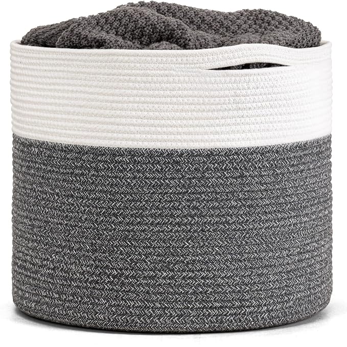 Goodpick Woven Blanket Basket Living Room, Toy Bin for Playroom, 45L | 15.8 x 15.8 x 13.8 In Storage Basket for Toys Shoes, Cute Baby Laundry Hamper for Towels, Clothes, Gray
