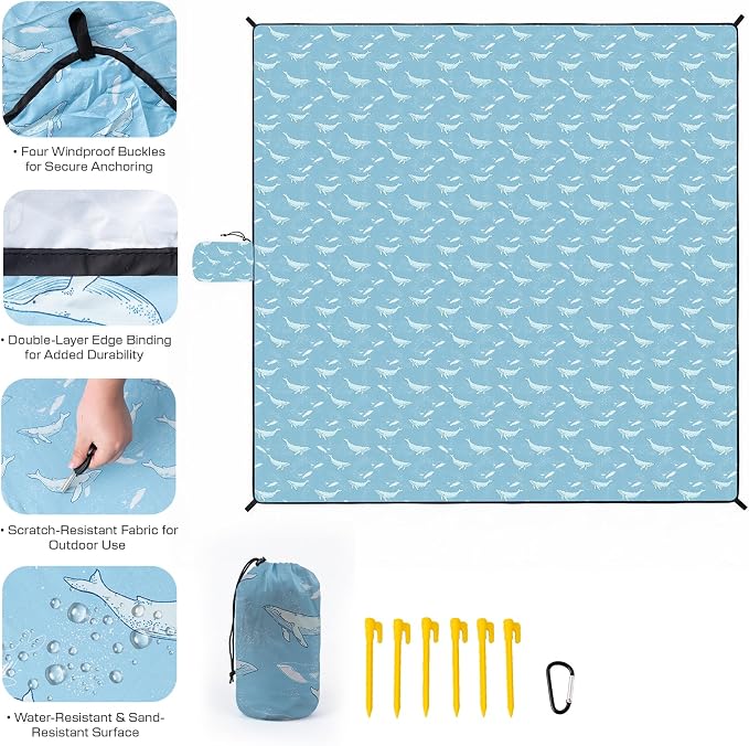 OIGAE Beach Blanket Waterproof Sandproof Oversized Beach Mat | Picnic Mat with Stakes, Storage Bag - Essentials for Outdoor Beach, Picnic,Quick-Dry Lightweight,Windproof Pockets