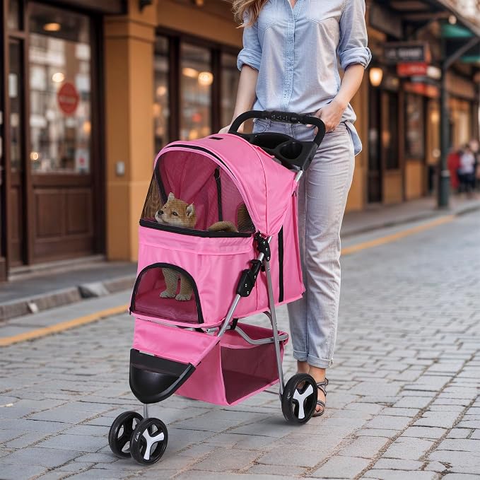 3 Wheels Dog Stroller Folding Pet Strolling Cart for Small Medium Cats Puppies Portable Jogger Travel Camping Puppy Carrier with Storage Basket Cup Holder, Pink