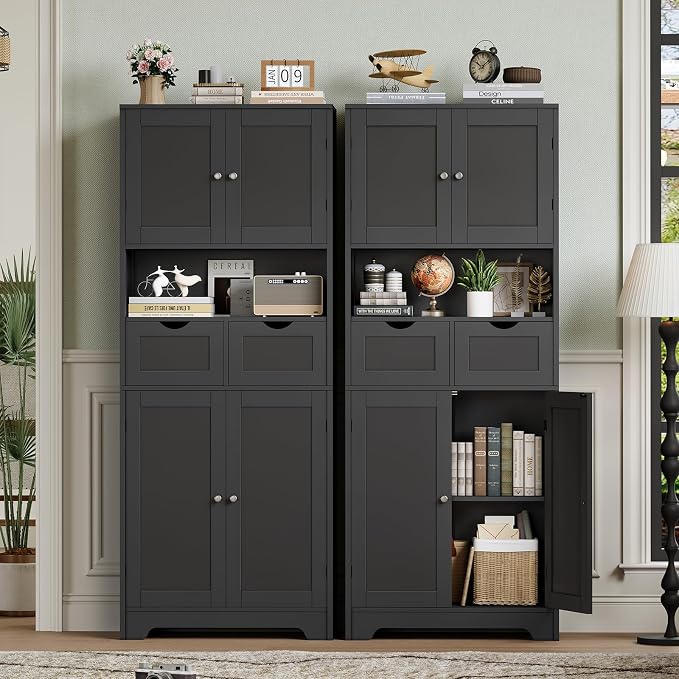 TEENFON 57.8" H Tall Storage Cabinet with 2 Drawers & 2 Adjustable Shelves, Floor Cabinet with 4 Doors, Tall Cabinet for Living Room, Dining Room, Entryway, Black