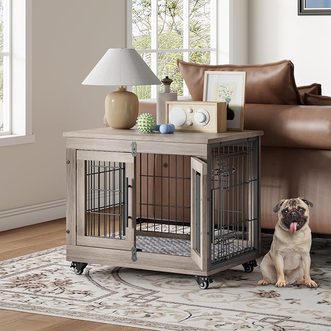 YaFiti Dog Crate Furniture, 27.2" Wooden Indoor Dog Kennel, Grey | for Small Dogs, Up to 30 lb, Cushion, Wheels, Double Doors, Furniture Style, Side End Table, Decorative Pet Cage House