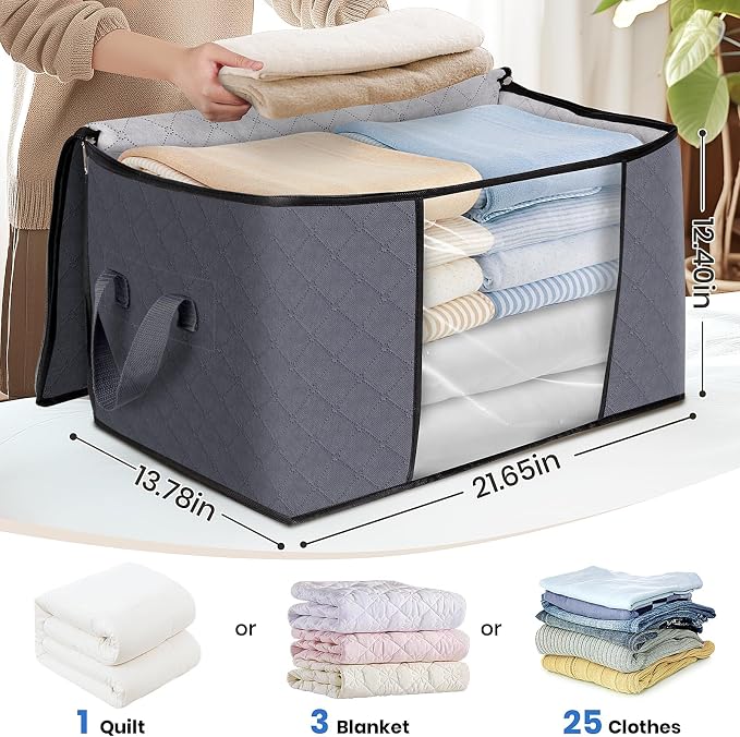 3 Pack Storage Bags for Clothes Blanket Storage Bins with Lids | Foldable Closet Organizers with Zippers,Window and Handles,Fabric Storage Bins for Sweater,Comforter,Bedding,Dorm essentials