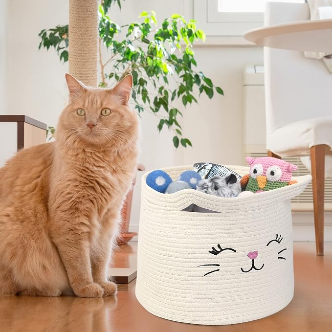 LotFancy Cat Toy Organizer, Cotton Rope Animal Basket with Handle, Cat Toys Storage Bin for Pets, Cute Woven Containers Holder for Playing Room, Kids Bedroom, 15.7x13''(H)