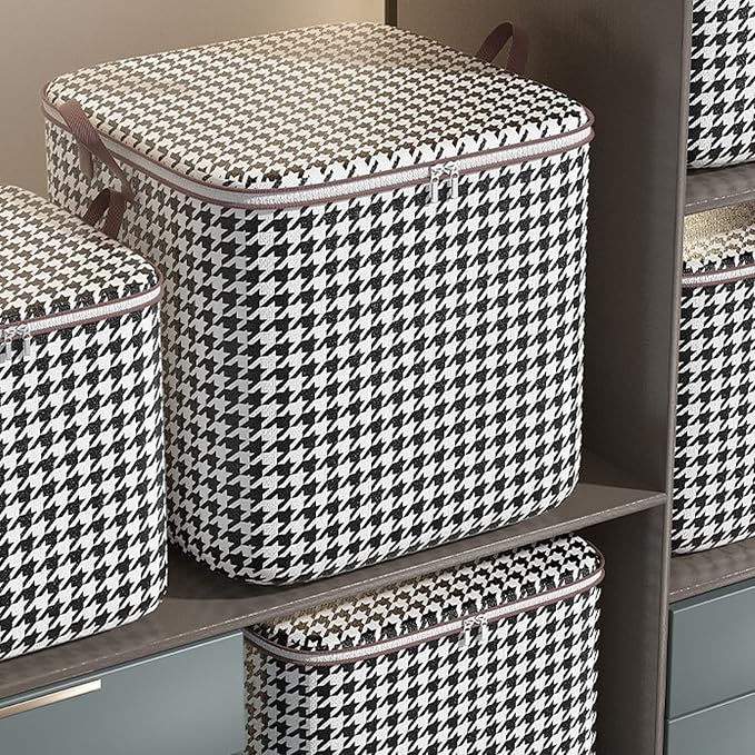 Fabric Storage Boxes with Lids Houndstooth Clothes Quilt Bins Container Organizers with Handle for Bedroom Closet (180, Square, 1, SB-123)